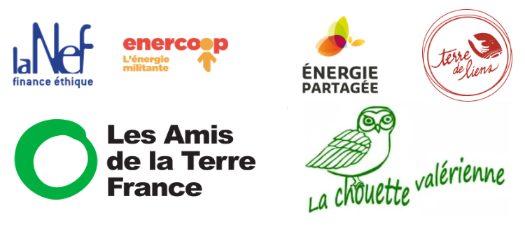 Logos de la Nef, ENERCOOP, Energie Partagée, Terre de liens, Les Amis de la terre et La Chouette valérienne.